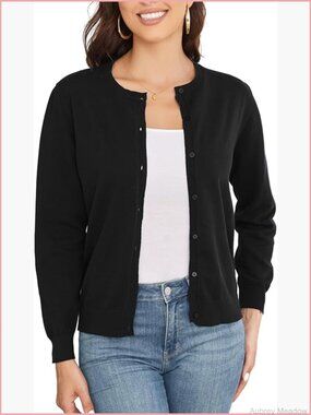 Crew Neck Button Down Long Sleeve Cardigan – Soft Knit Ladies Sweater Coat